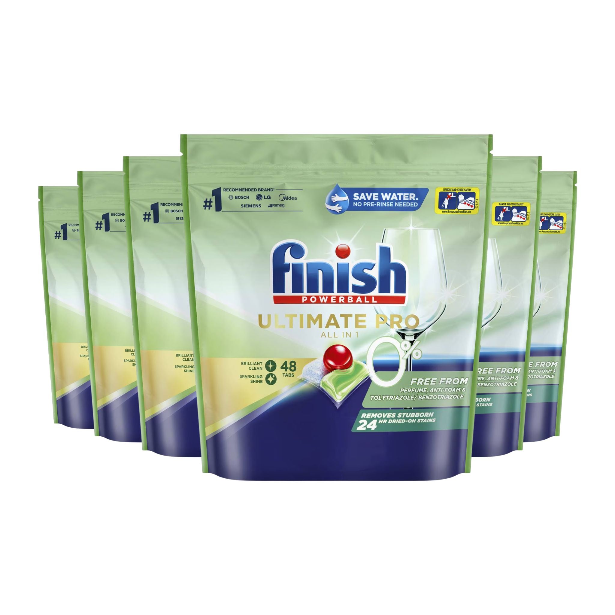 Multiple packages of Finish Ultimate Pro dishwashing tablets on a white background
