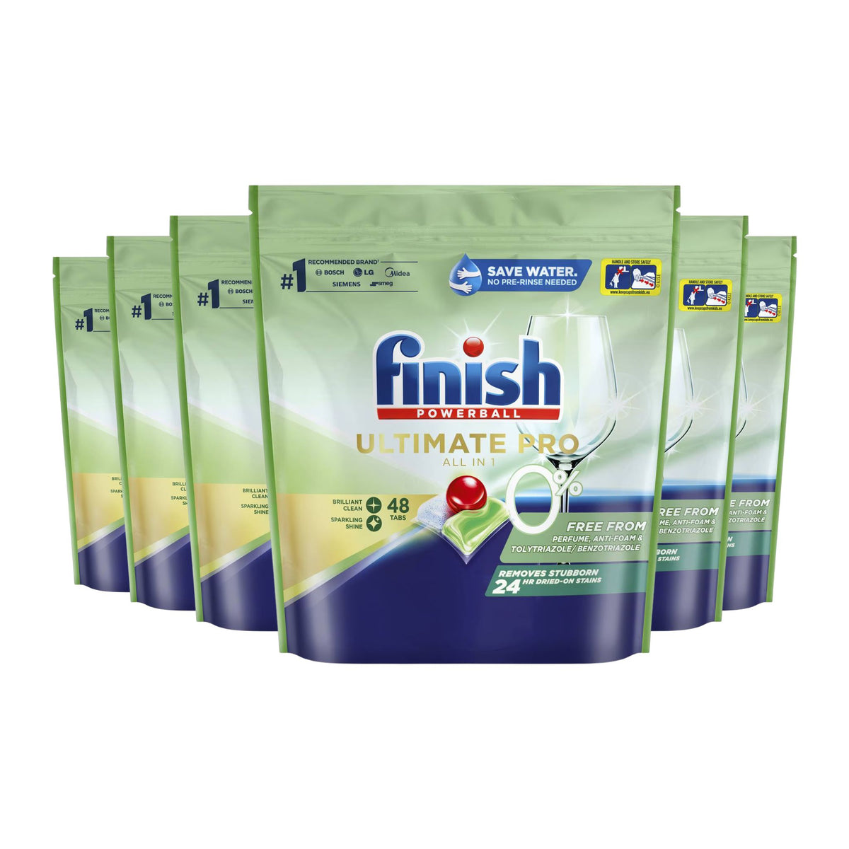 Multiple packages of Finish Ultimate Pro dishwashing tablets on a white background