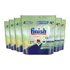 Multiple packages of Finish Ultimate Pro dishwashing tablets on a white background