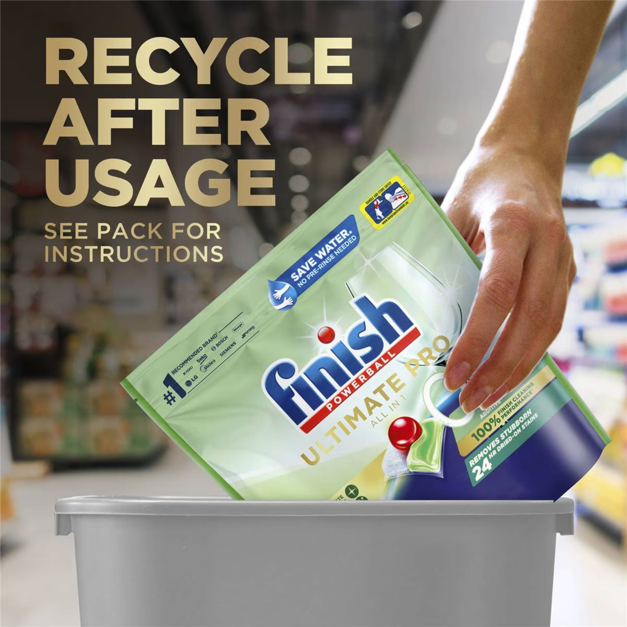 Hand placing a 'Finish' product into a recycling bin with text about recycling after usage.