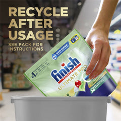 Hand placing a 'Finish' product into a recycling bin with text about recycling after usage.