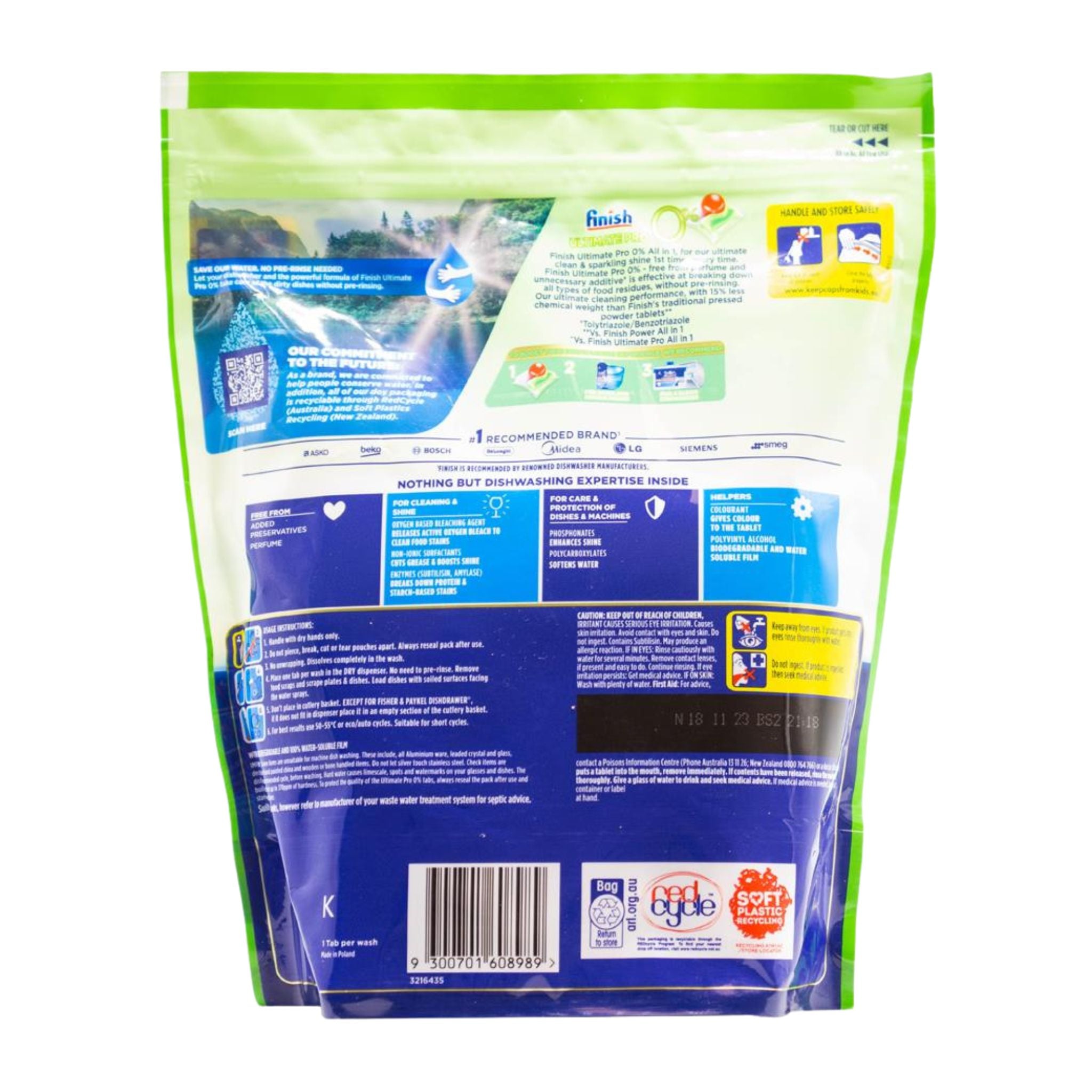 Back view of a laundry detergent packaging with branding and product details.
