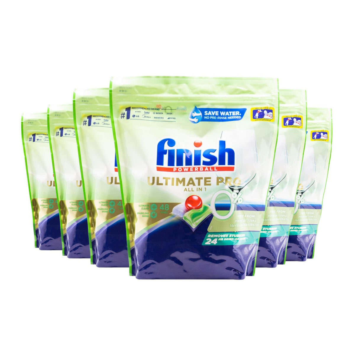 Multiple packages of Finish Ultimate Pro dishwashing detergent on a white background