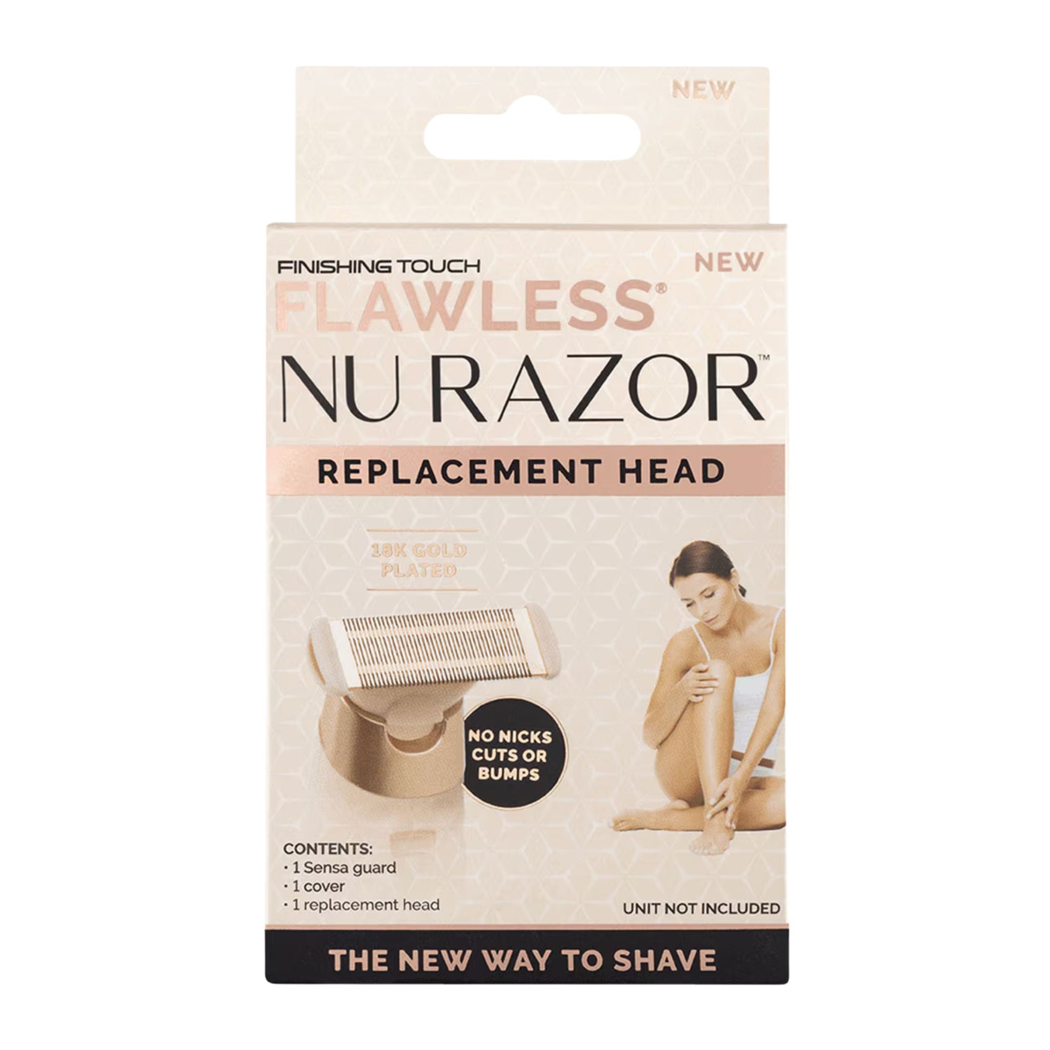 Packaging of Flawless Nu Razor replacement head with a woman on a white background