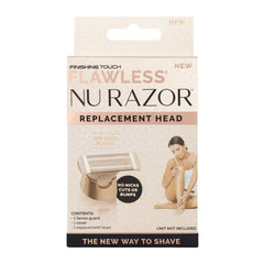Packaging of Flawless Nu Razor replacement head with a woman on a white background