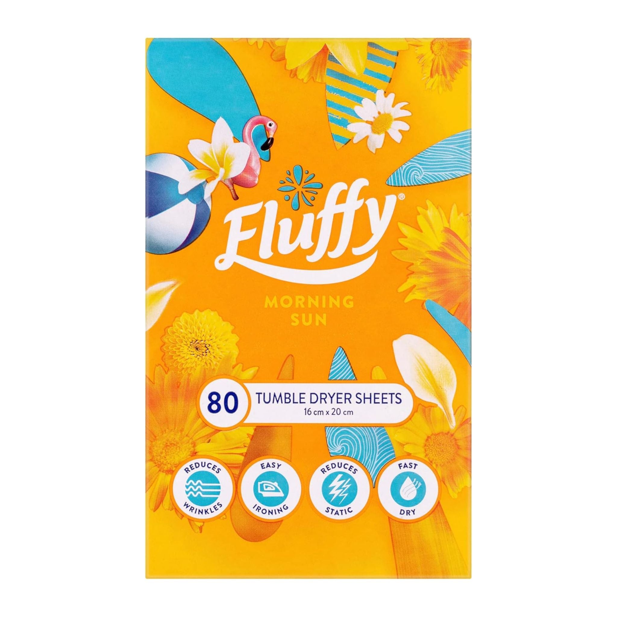 Fluffy tumble dryer sheets packaging with colorful design on a white background