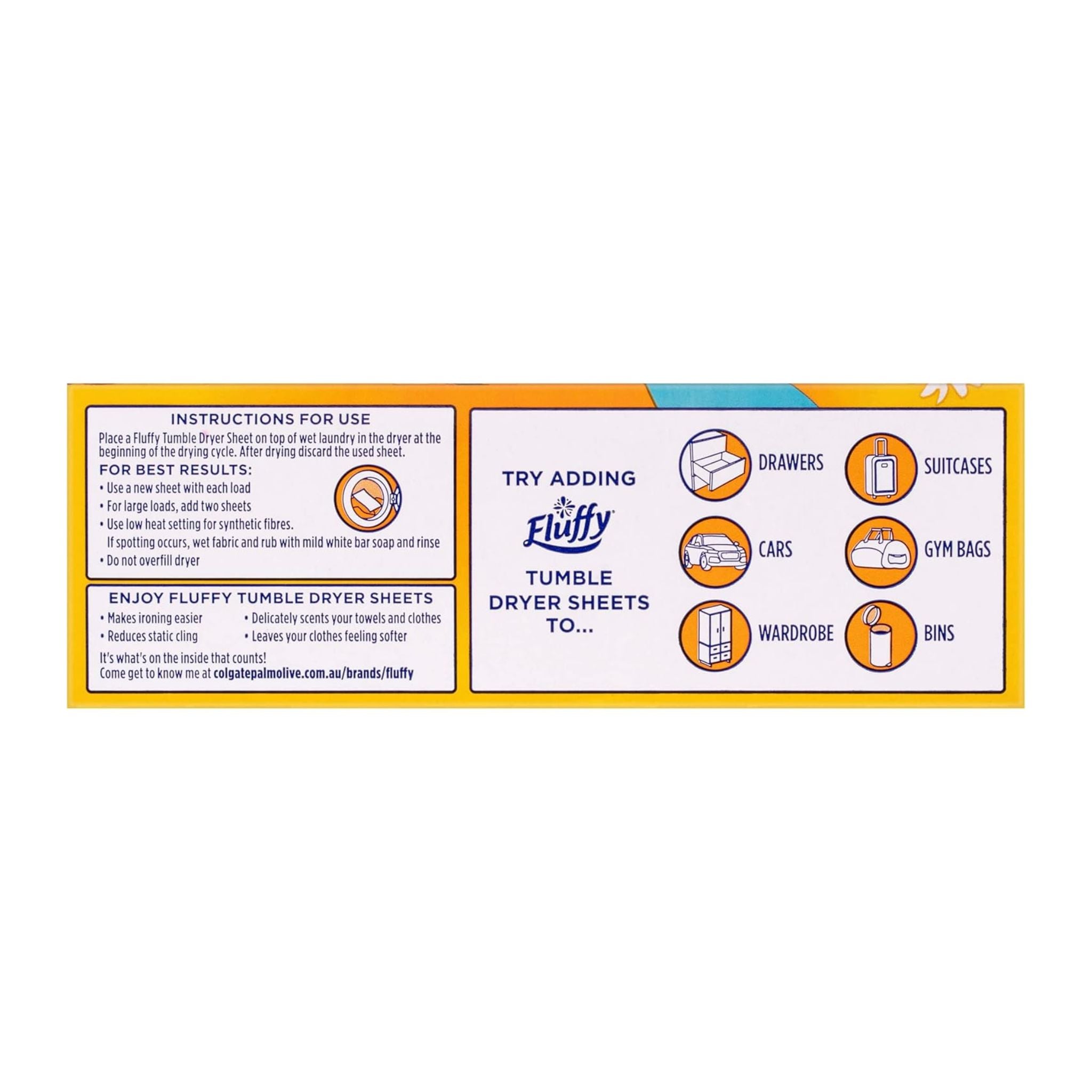 Fluffy tumble dryer sheets packaging with instructions and usage tips on a white background