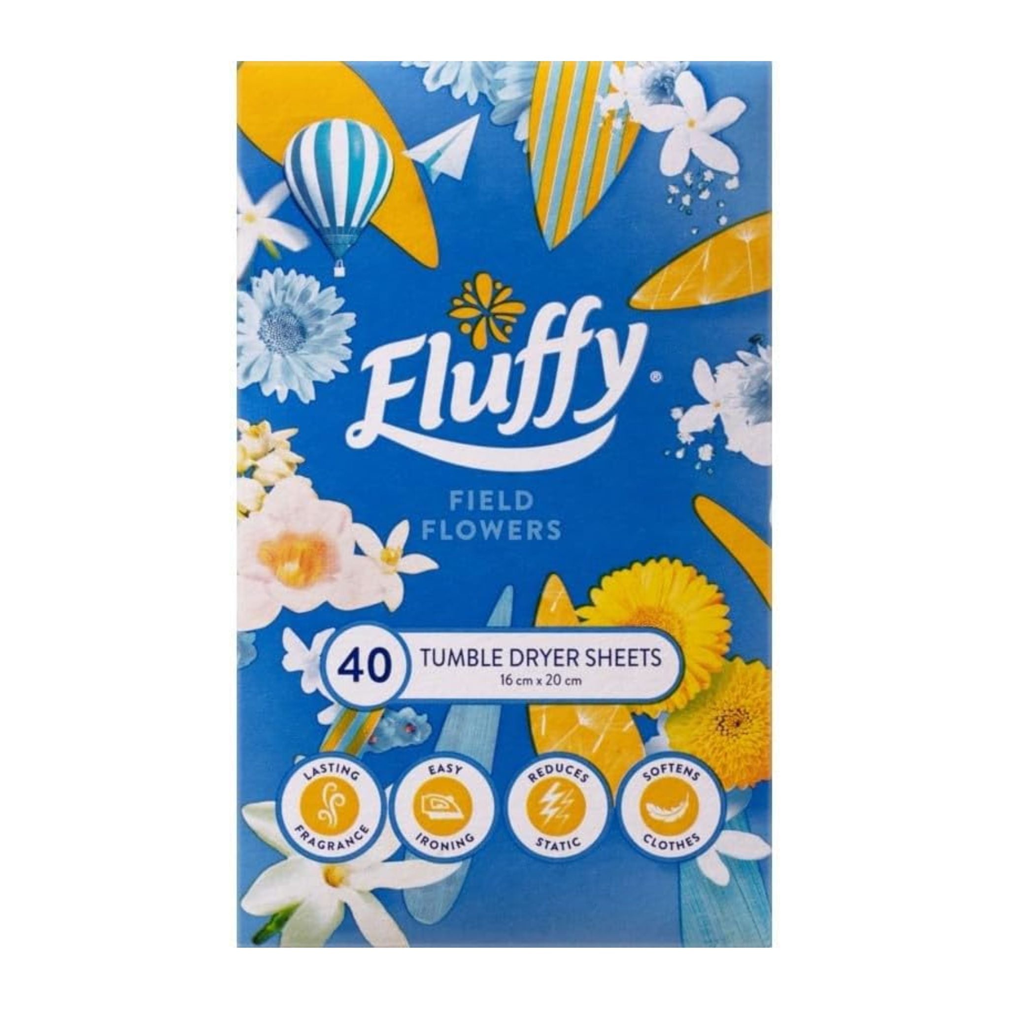 Fluffy tumble dryer sheets packaging with floral design on a blue background