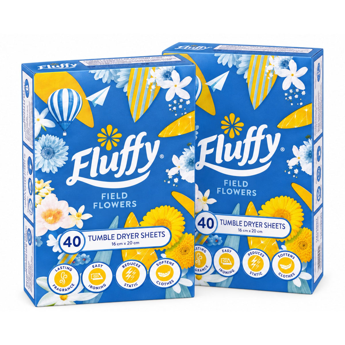 Two boxes of Fluffy Field Flowers Tumble Dryer Sheets, 40 count, featuring a bright blue background with yellow sunflowers, white daisies, and colorful illustrations.
