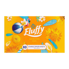 Box of Fluffy tumble dryer sheets with floral design on a white background