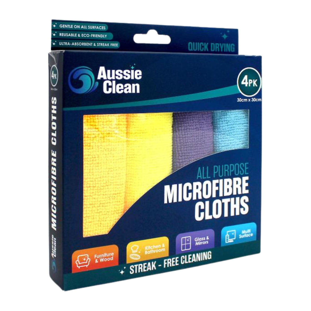 Pack of Aussie Clean microfibre cloths with packaging details on a white background