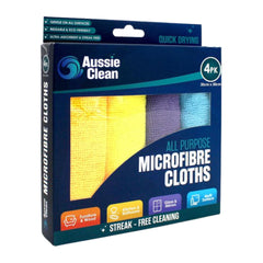 Pack of Aussie Clean microfibre cloths with packaging details on a white background