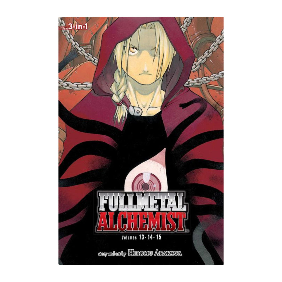 Fullmetal Alchemist book cover with character in red hood and chains