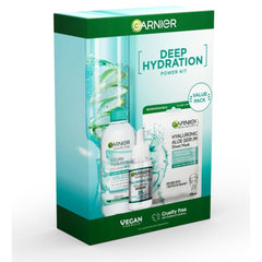 Garnier Deep Hydration Power Kit packaging featuring a box with images of the included skincare products, emphasizing hydration and the brands' vegan and cruelty-free commitments.