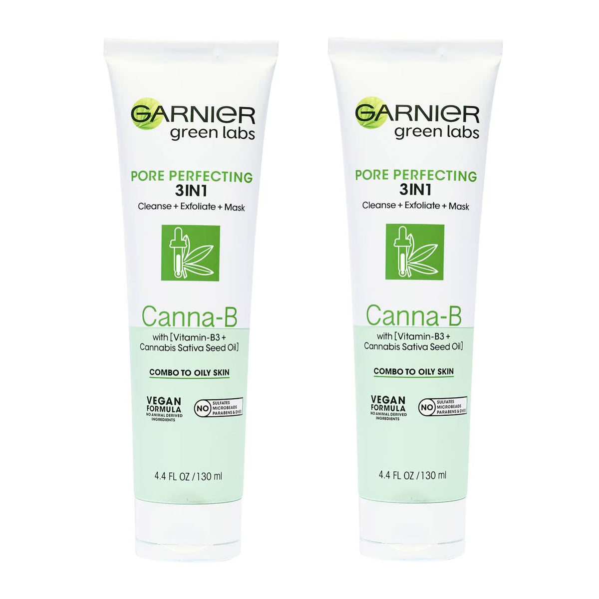 Two tubes of Garnier Green Labs Pore Perfecting 3IN1 Canna-B cleanser, mildest, and mask in a combo size of 4.4 fl oz (130 ml), shown side-by-side on a white background.