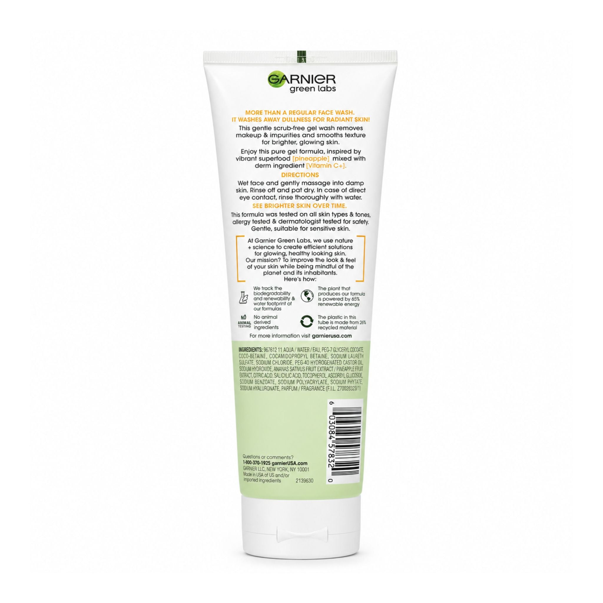 Garnier Green Labs face wash tube with label on a white background