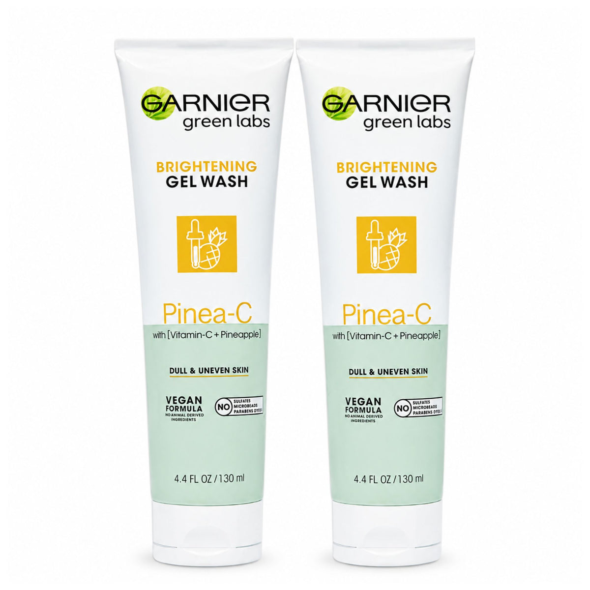 Two bottles of Garnier Green Labs Brightening Gel Wash with Pinea-C on a white background