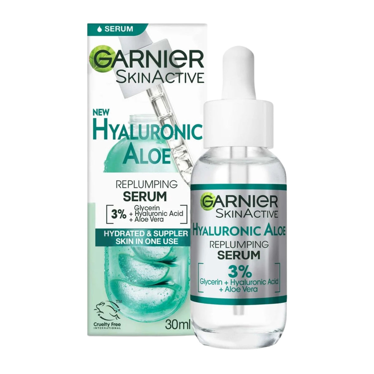 Garnier SkinActive Hyaluronic Aloe serum bottle and packaging on a white background