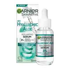 Garnier SkinActive Hyaluronic Aloe serum bottle and packaging on a white background