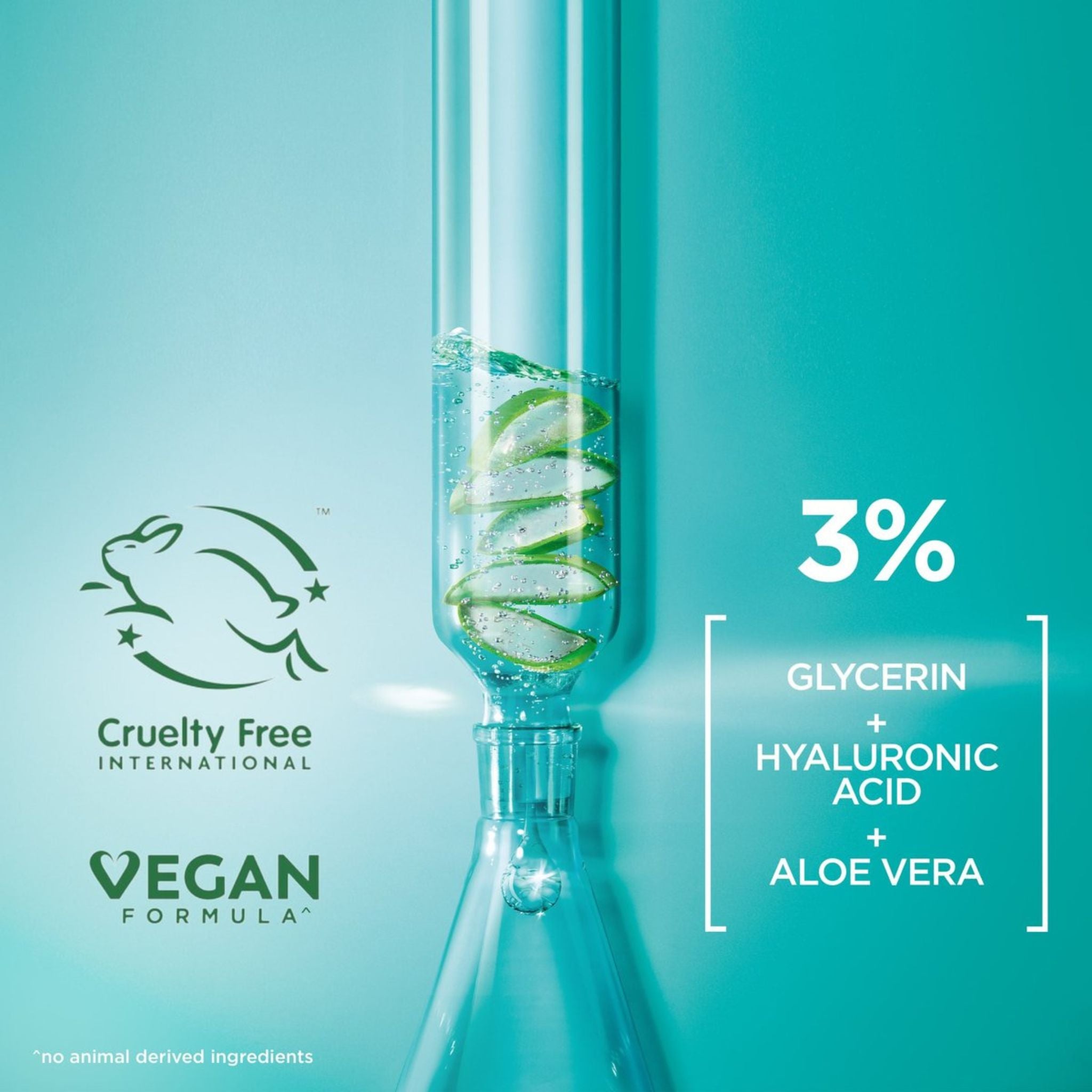 Vial with green liquid on a teal background, featuring cruelty-free and vegan labels.