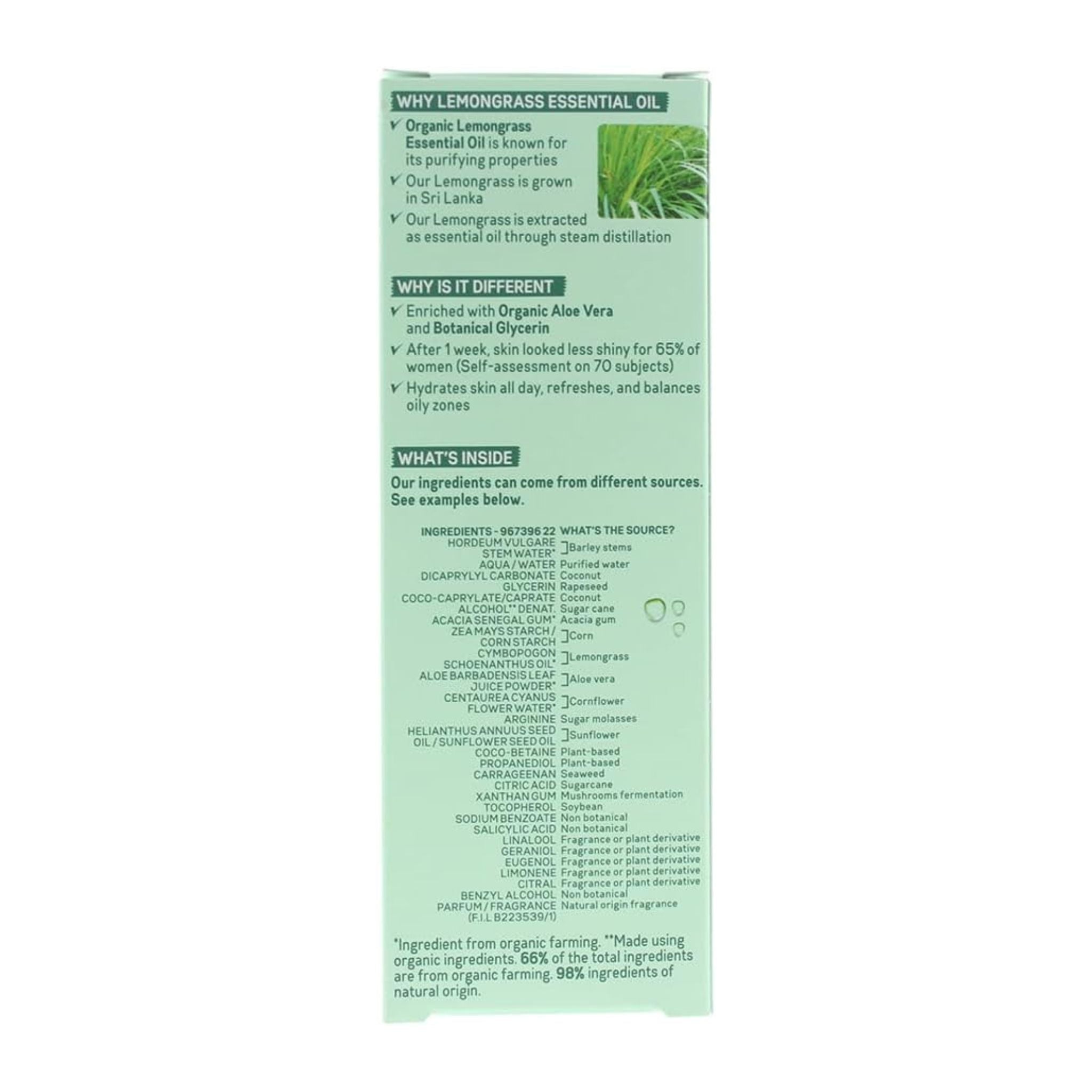 Product label with text and lemongrass images on a white background