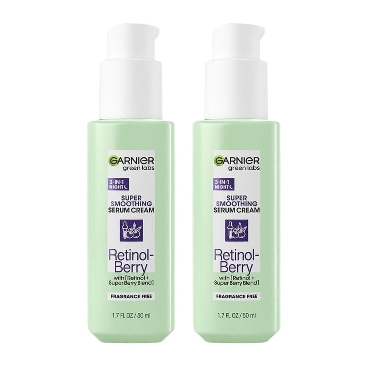 Two bottles of Garnier Green Labs Super Smoothing Serum Cream on a white background