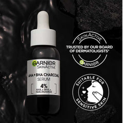 Garnier AHA+BHA Charcoal Serum bottle with branding and product information on a dark background