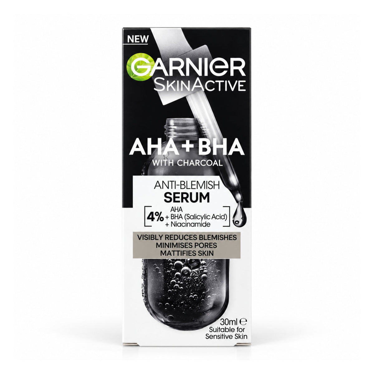Garnier SkinActive AHA+BHA with Charcoal Anti-Blemish Serum in its retail packaging, featuring a black and white design with a green logo and a depiction of a dropper bottle.