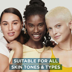 Three women with different hair colors standing together, with text 'Suitable for all skin tones & types' below them.