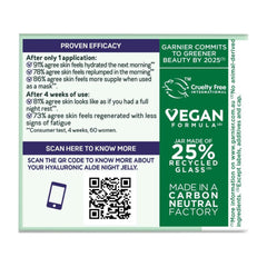 Product label with claims of proven efficacy, vegan formula, recycled glass jar, and carbon neutral factory on a white background.