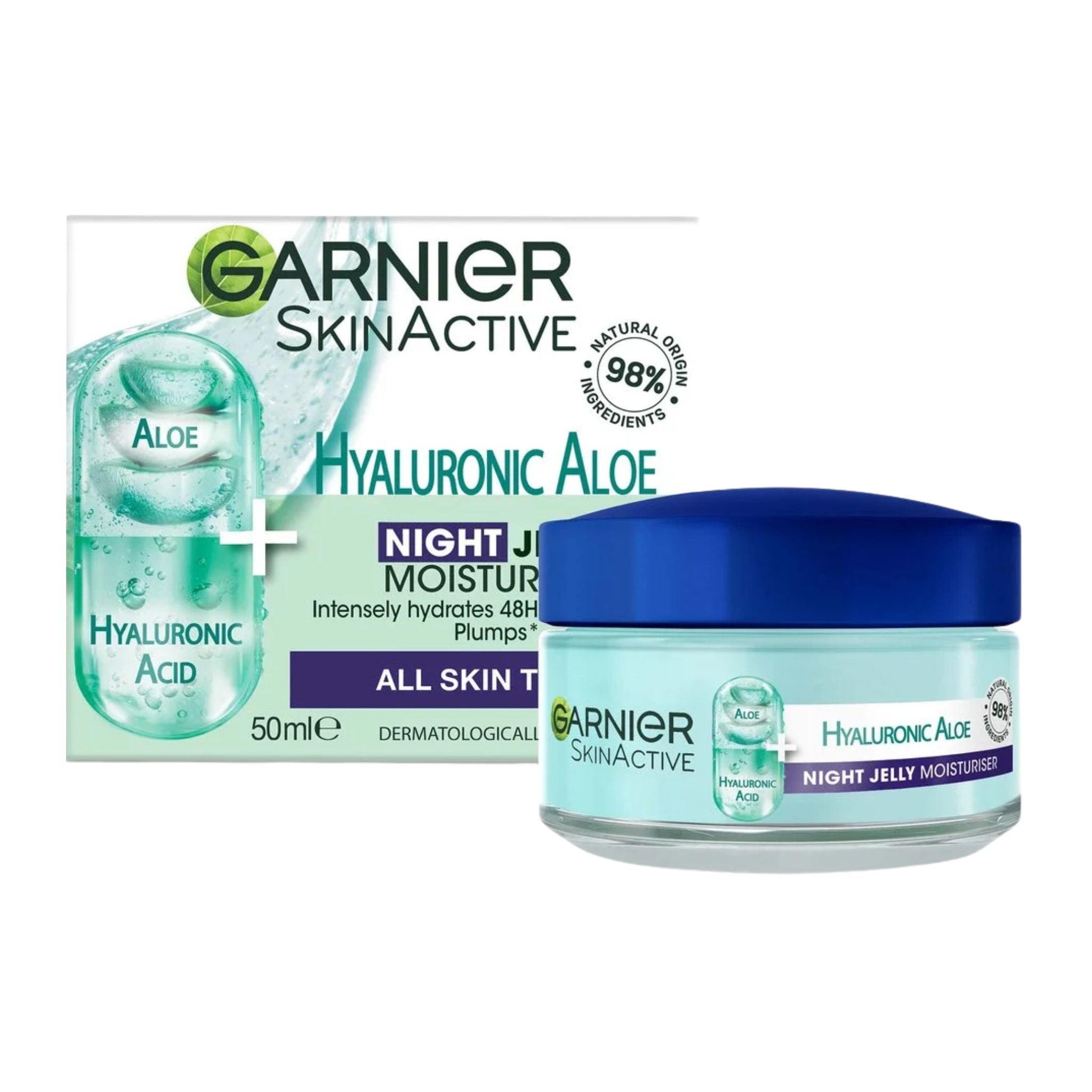 Garnier SkinActive Hyaluronic Aloe night moisturizer jar and packaging on a white background
