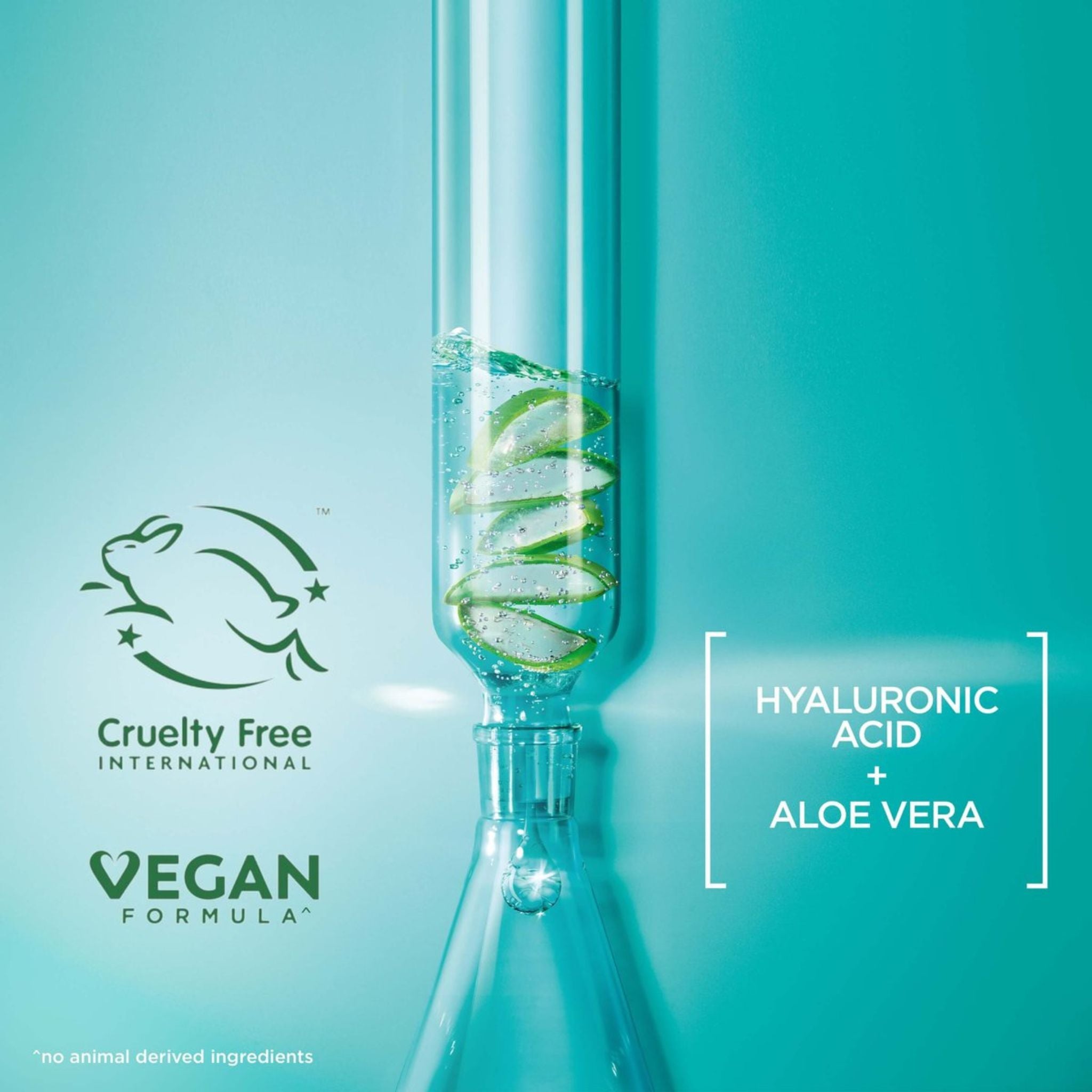 Vial with green liquid labeled 'Hyaluronic Acid + Aloe Vera' on a teal background, featuring cruelty-free and vegan labels.