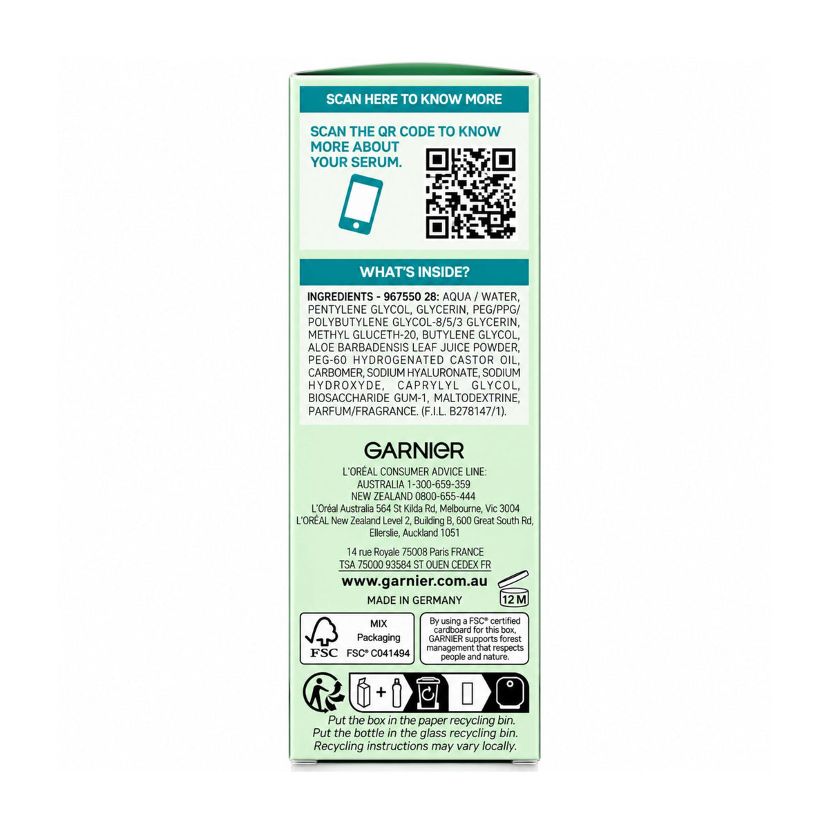 Garnier SkinActive Hyaluronic Aloe Replumping Serum 30ml rear packaging ingredients and directions