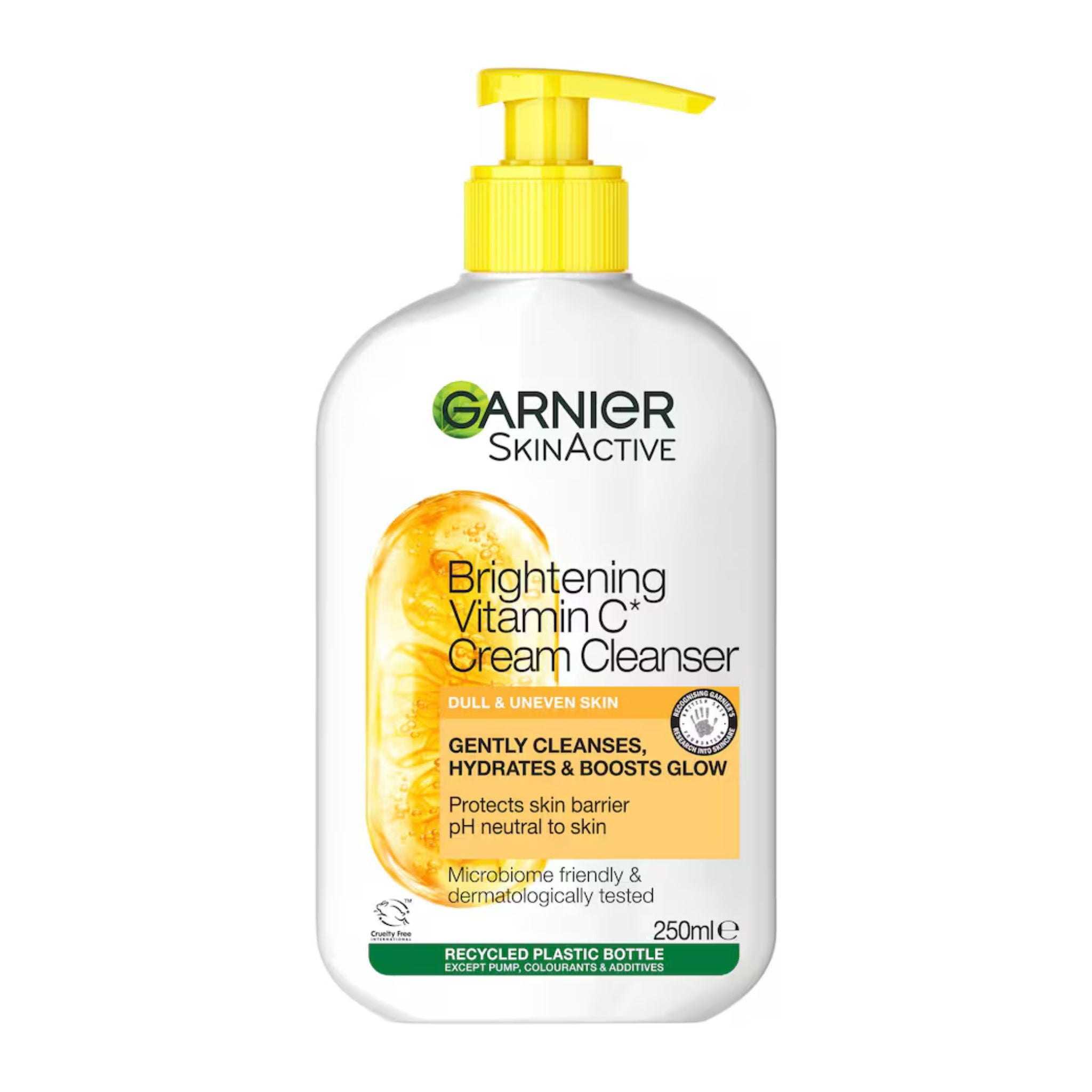 Garnier SkinActive Brightening Vitamin C Cream Cleanser bottle on a white background