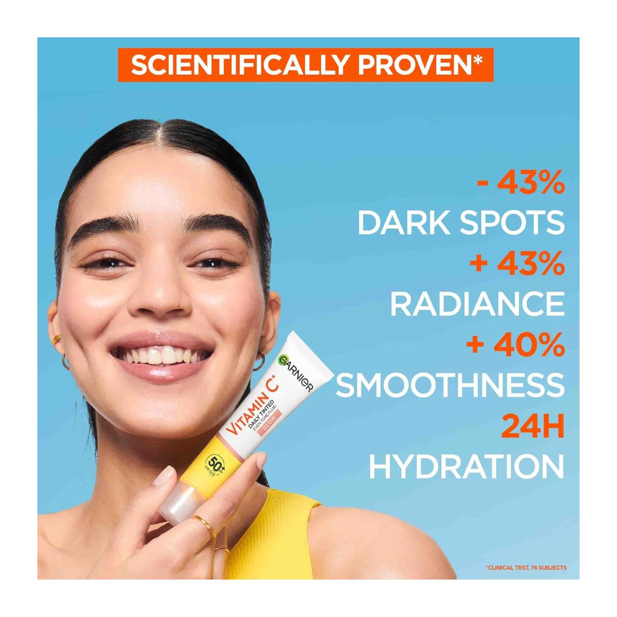 Woman holding a skincare product with text about scientific proven benefits on a blue background
