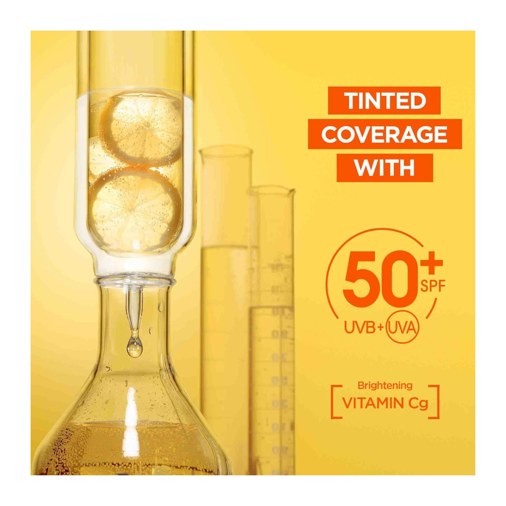 Product packaging with 'Tinted Coverage with 50+ SPF' text on a yellow background