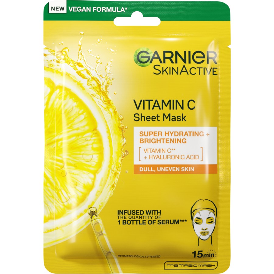 Front View of Garnier Vitamin C Anti-Dark Spots Power Kit Sheet Mask