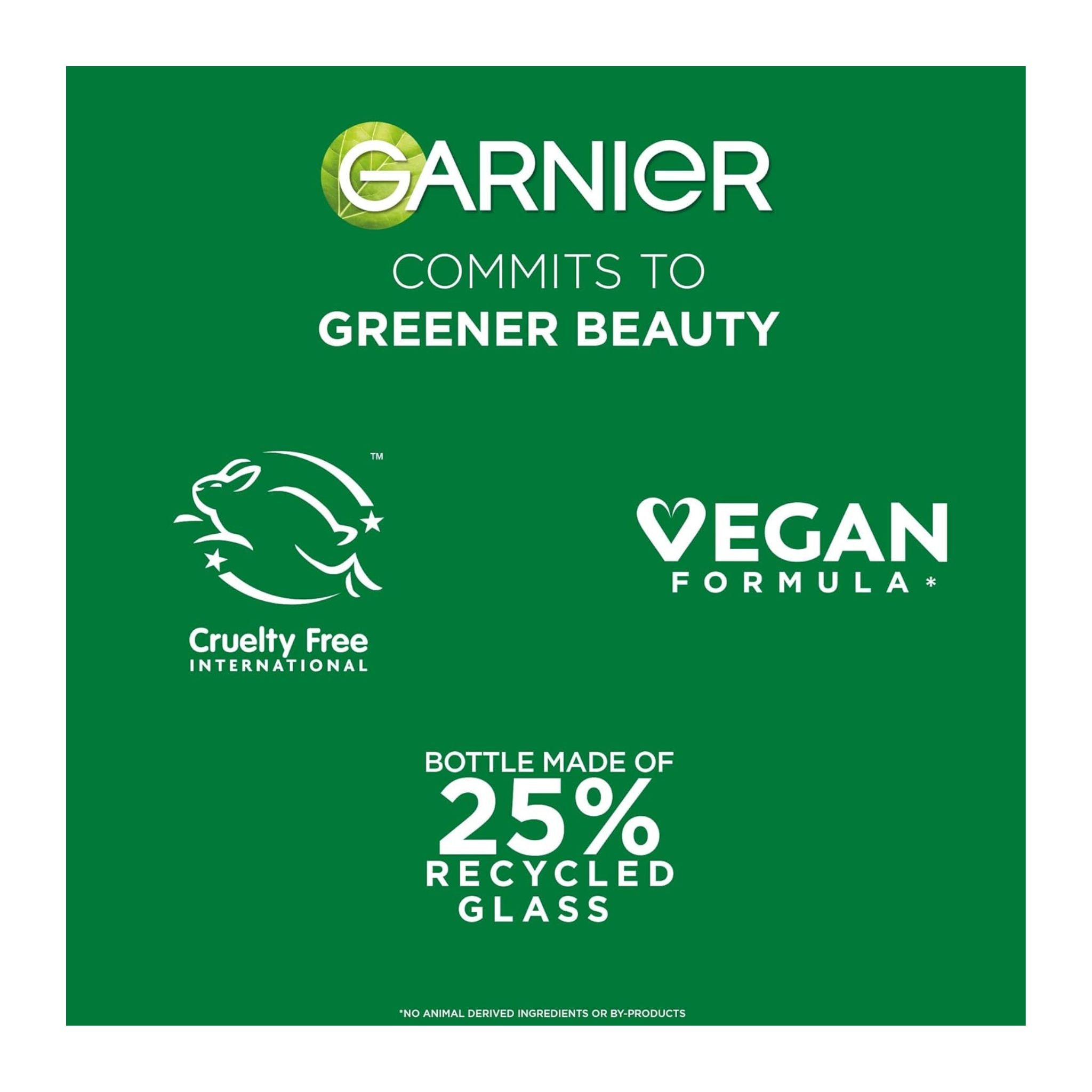 Garnier green label with branding and sustainability information on a white background