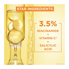 Cosmetic bottle with lemon slices and text detailing star ingredients on a yellow background