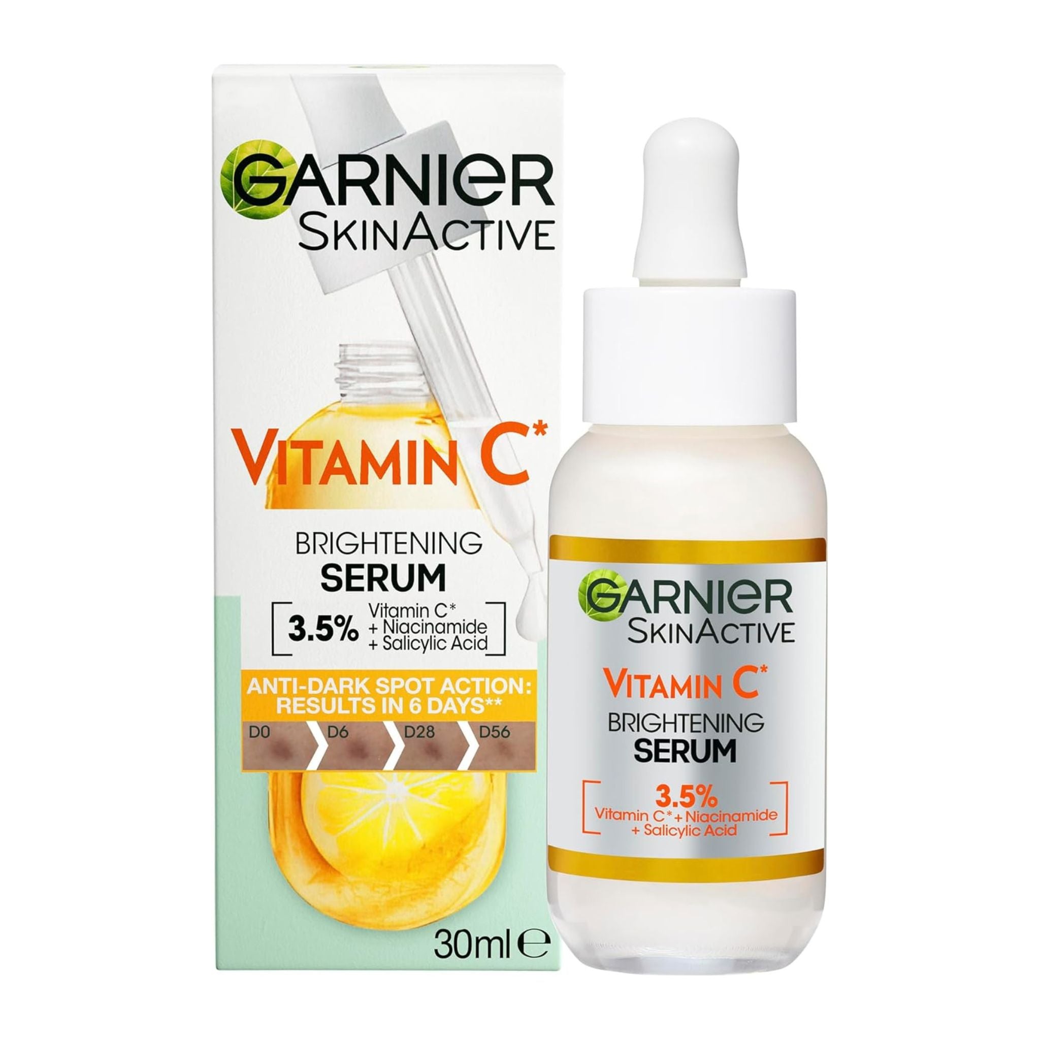 Garnier SkinActive Vitamin C brightening serum with packaging on a white background
