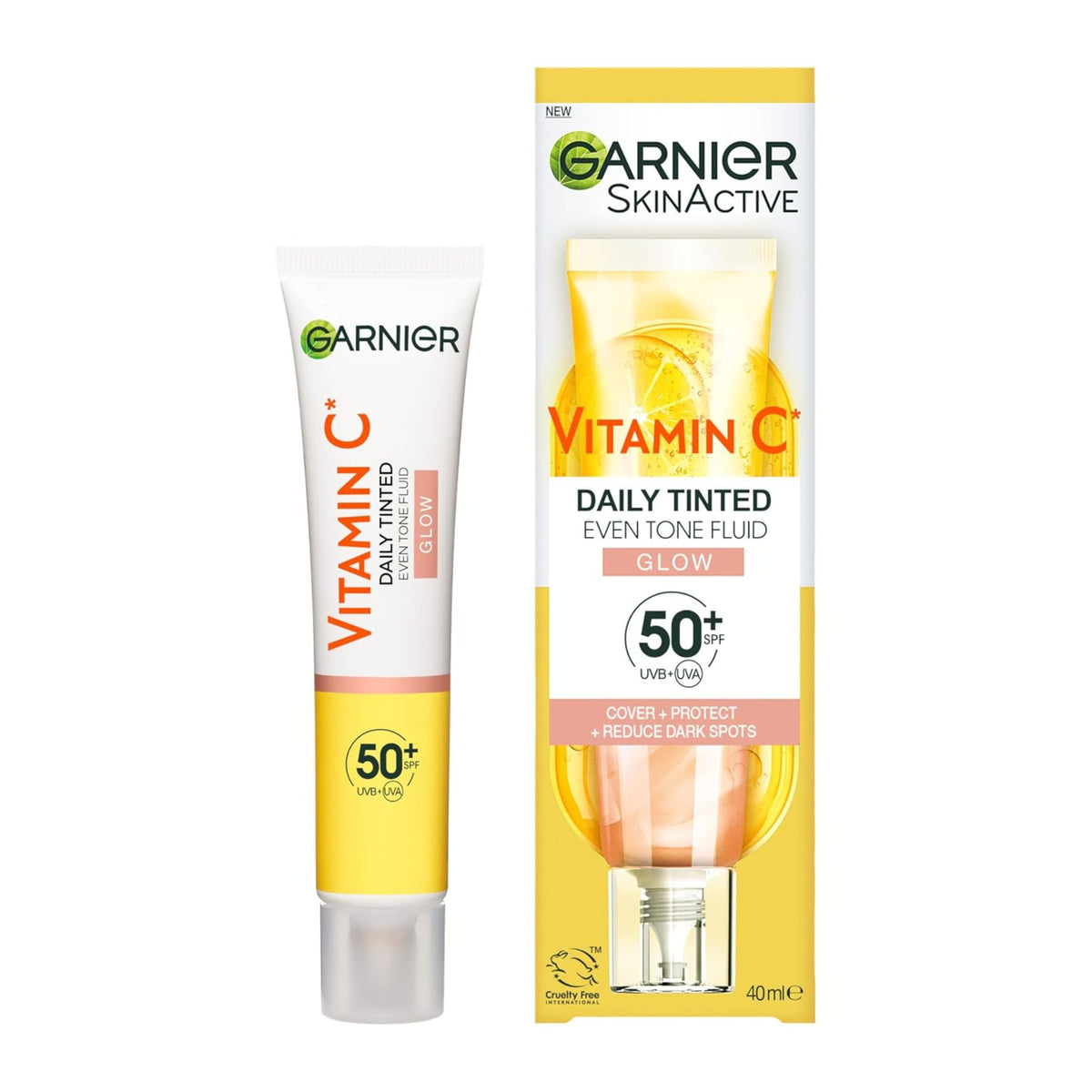 Garnier Vitamin C Daily Tinted Even Tone Fluid packaging on a white background