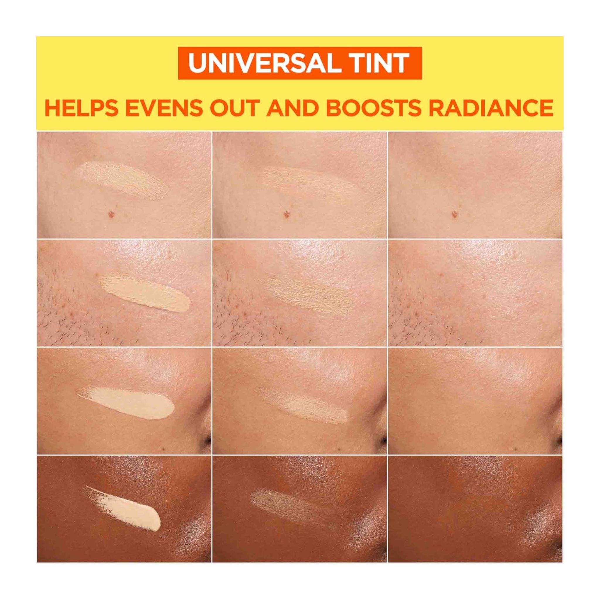 Collage of skin tones with a universal tint application, set against a yellow background with text.