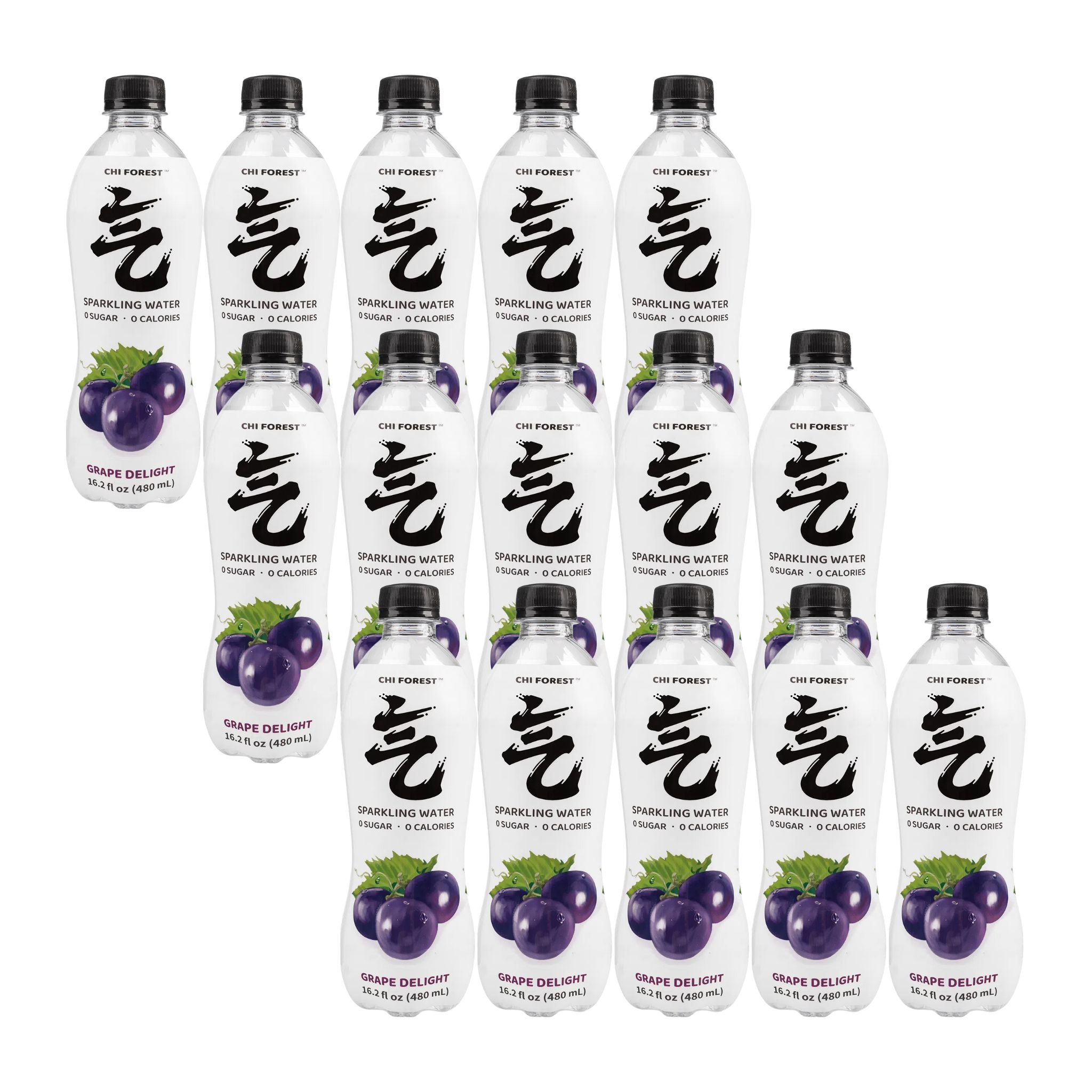 Multiple bottles of Chi Forest grape sparkling water on a white background