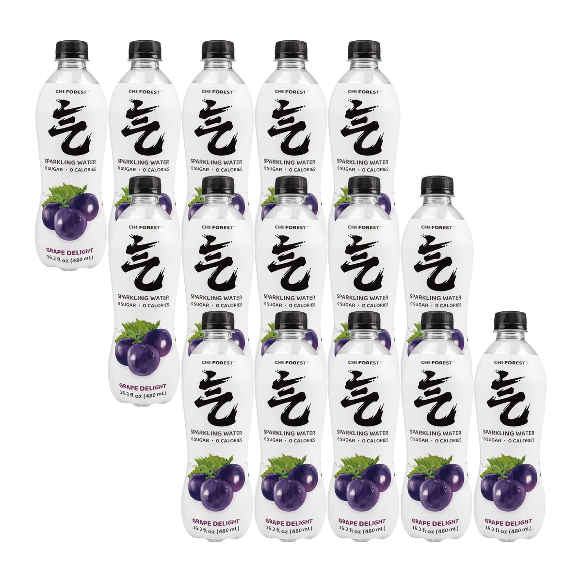 Multiple bottles of Chi Forest grape sparkling water on a white background