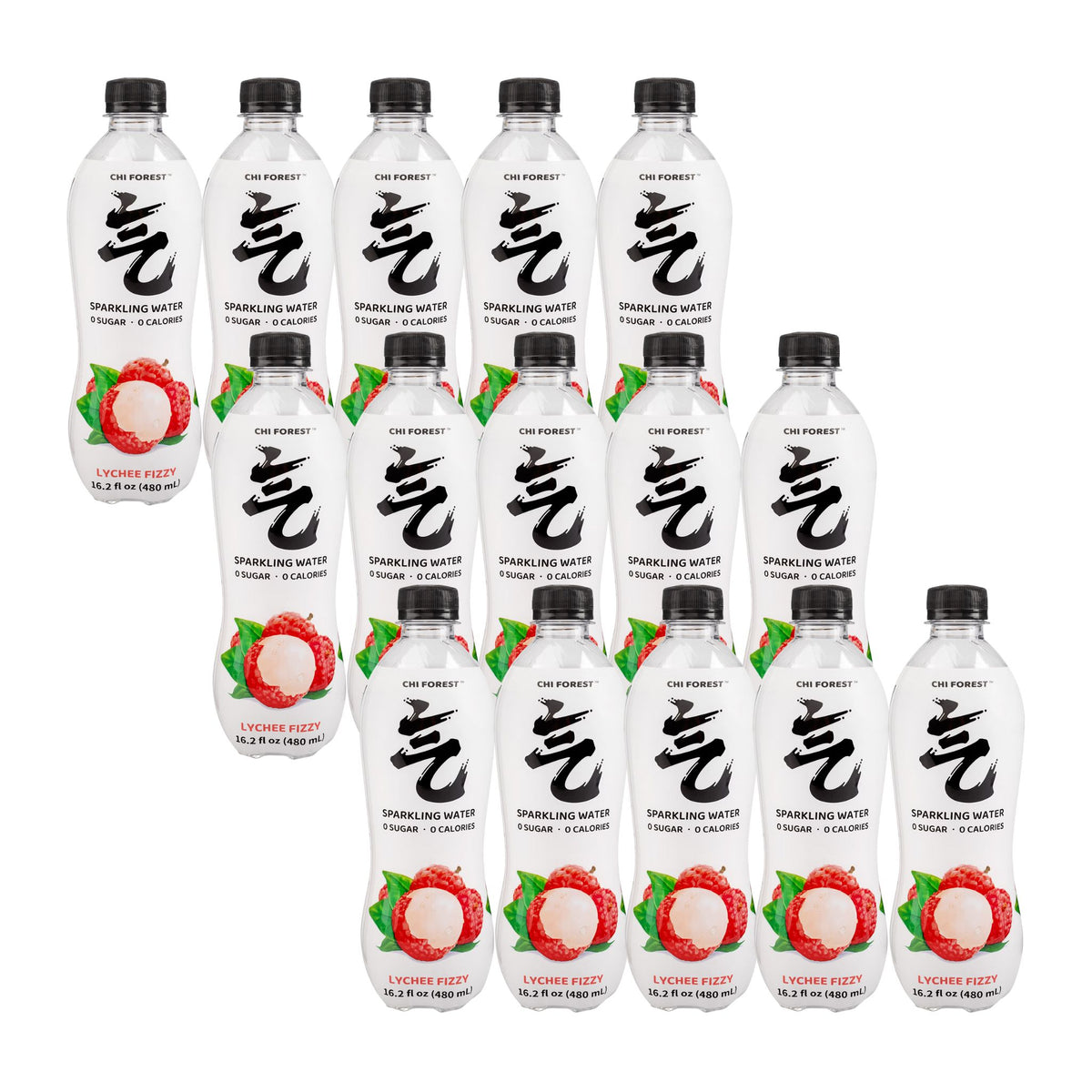 Multiple bottles of Oh! Forest Lychee Fizz sparkling water on a white background