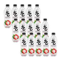 Multiple bottles of Oh! Forest Lychee Fizz sparkling water on a white background