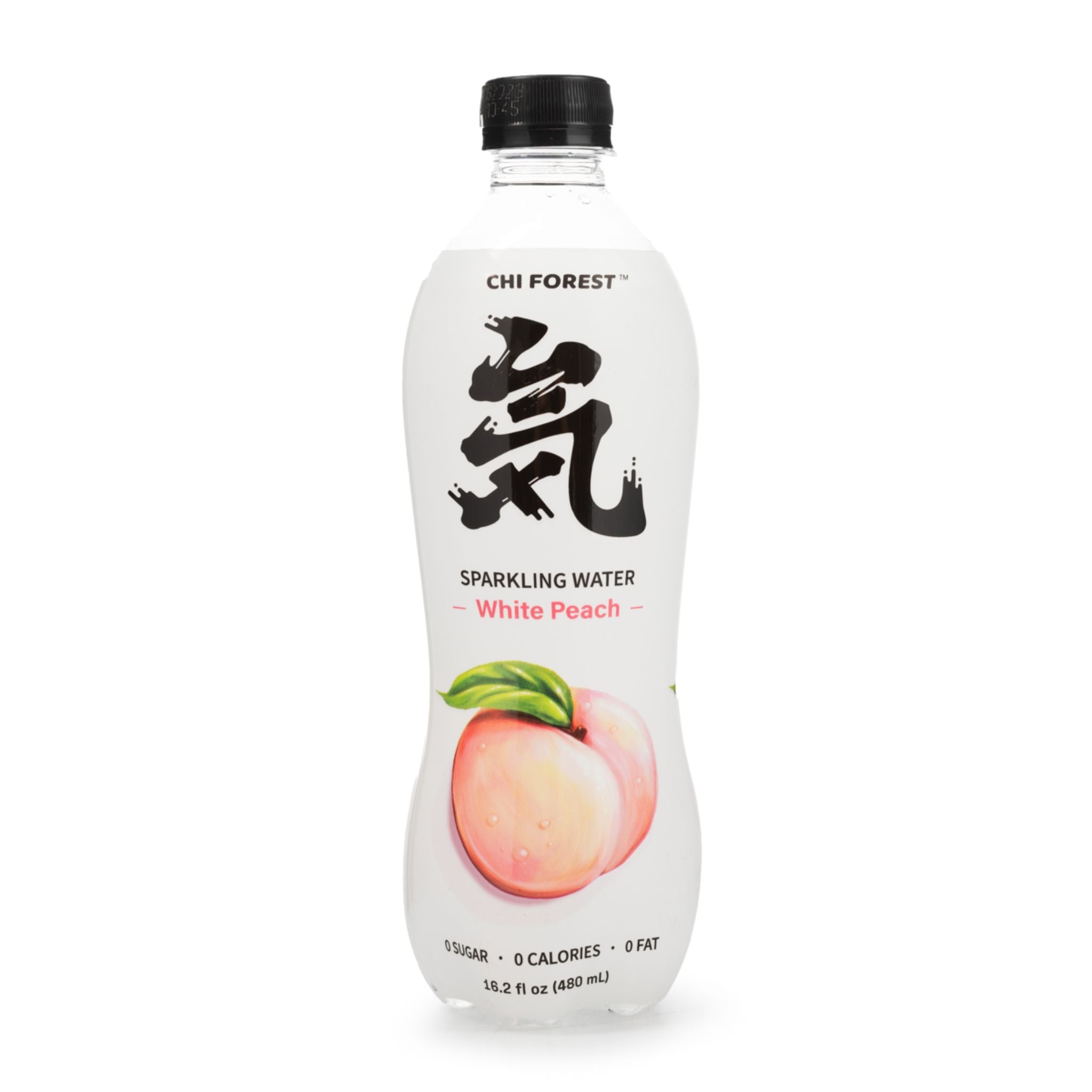 Chi Forest sparkling water bottle with white peach flavor on a white background