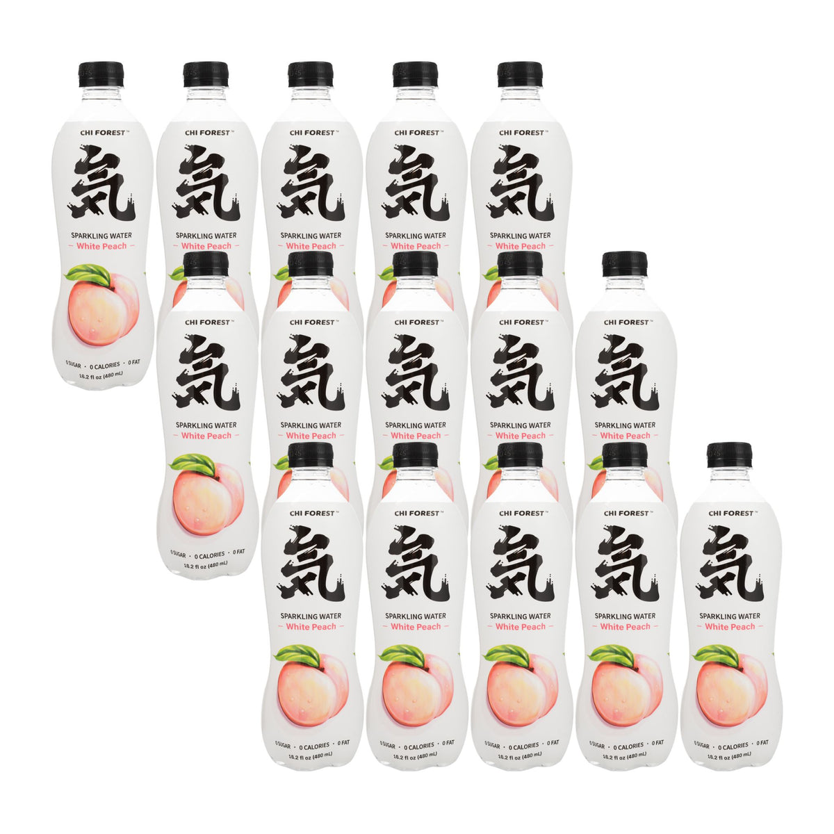 Multiple bottles of LiFE Forest sparkling water with peach flavor on a white background