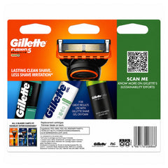 Gillette Fusion5 razor packaging with multiple razors and a QR code on a white background