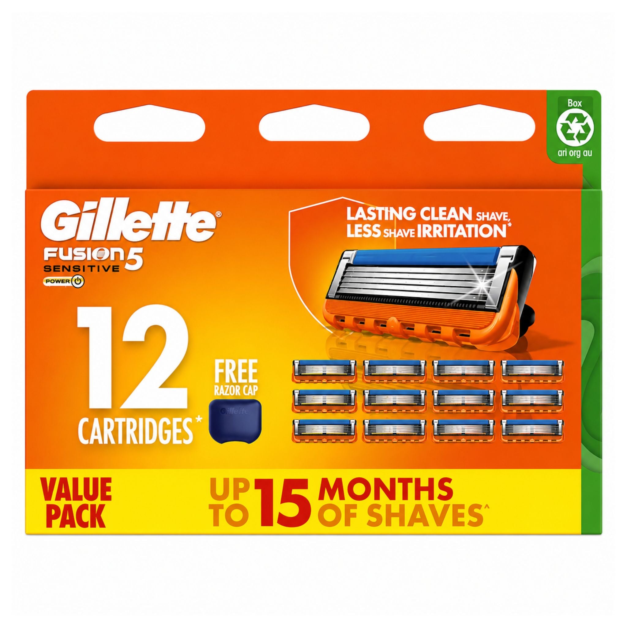 Gillette Fusion5 razor cartridge pack with 12 cartridges on an orange background